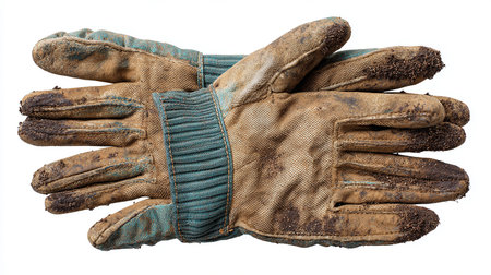 Pair of old worn work gloves, isolated on white background.の素材
