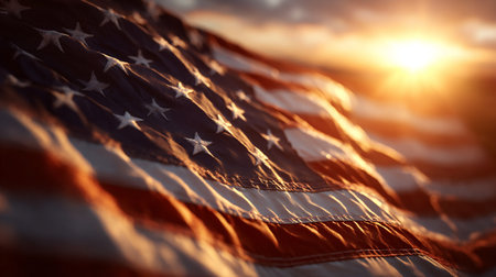 American flag background. Close up of american flag with sun flare.の素材