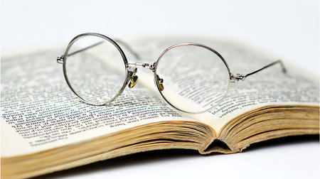 Glasses on an open book, isolated on a white background.の素材