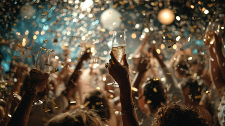 Celebration. Close-up of a group of people clinking champagne glasses at a music festivalの素材