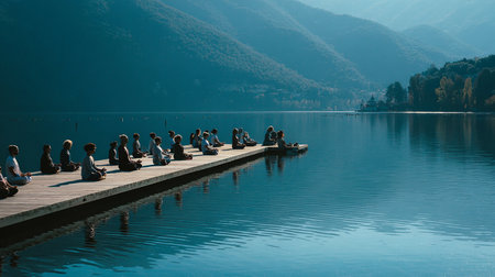 People sitting on a wooden pier on the shore of a beautiful lakeの素材