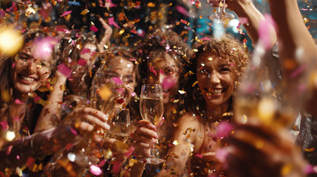 Group of friends having fun with champagne and confetti at a partyの素材