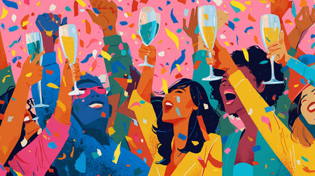 Diverse group of people celebrating with champagne glasses and confetti. Vector illustration.の素材