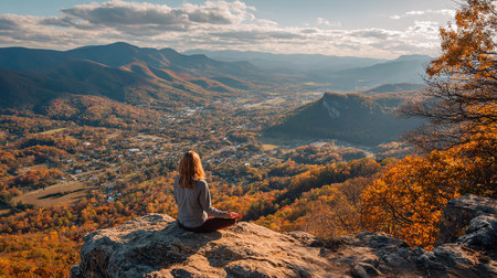 Young woman sitting in lotus position on the edge of a cliff and looking at the valley.の素材
