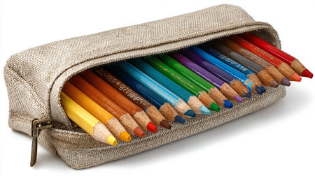 Pencil case with color pencils isolated on white background. Studio shot.の素材