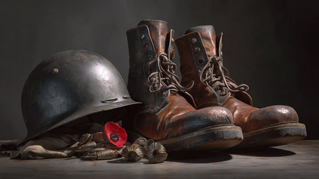 Vintage military boots and helmet on a wooden table, on a dark backgroundの素材