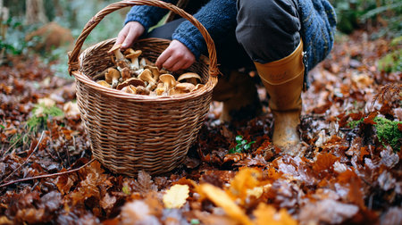 Wicker basket with mushrooms in woman hands on the autumn forest.の素材