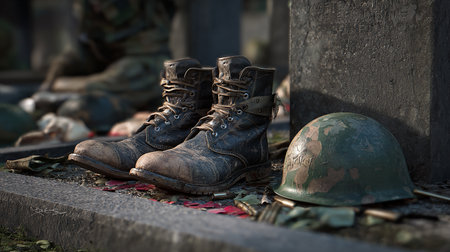 Old military boots and military helmet on the ground. Selective focus.の素材