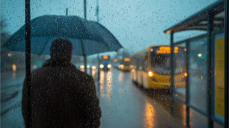Rainy day in the bus station, view through the wet glassの素材