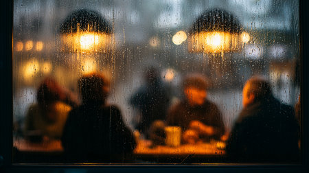 Coffee shop on rainy day with people silhouettes in backgroundの素材