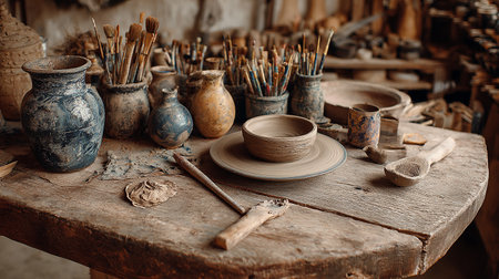 Pottery workshop. Pottery tools on a wooden table. Selective focus.の素材