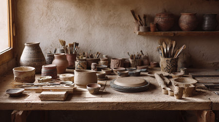 Pottery workshop with tools and utensils. Pottery conceptの素材