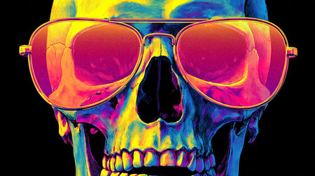 Skull with sunglasses isolated on black background. 3D illustration.の素材