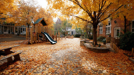 Playground in autumn park with fallen yellow leaves and colorful trees.の素材