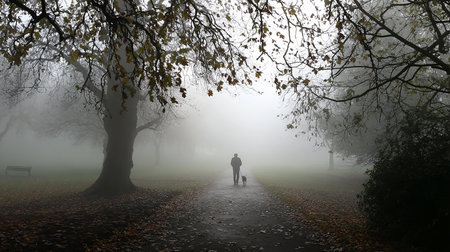Foggy autumn morning in the park. Lonely man walking aloneの素材
