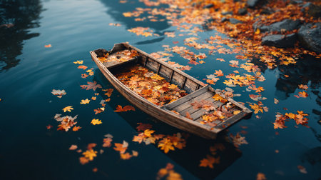 A small wooden boat in the middle of a lake with autumn leavesの素材