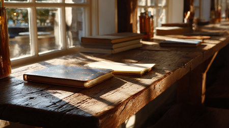 Books on wooden table in library, closeup. Reading and educationの素材