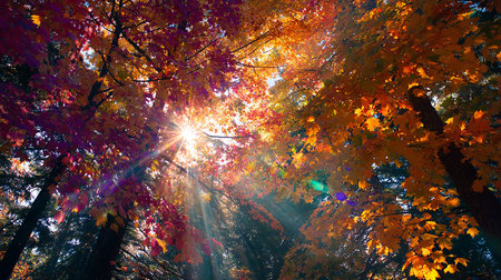 Autumn forest with sunbeams. Beautiful nature scene with sunbeamsの素材