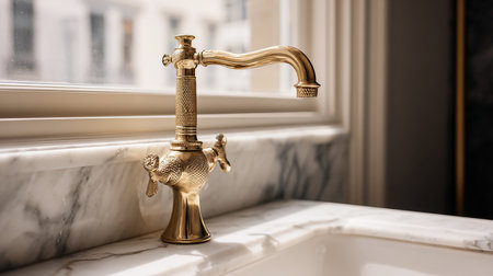 Vintage brass faucet on a white marble countertop.の素材