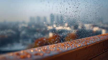 Rain drops on the window with a view of the city in the backgroundの素材