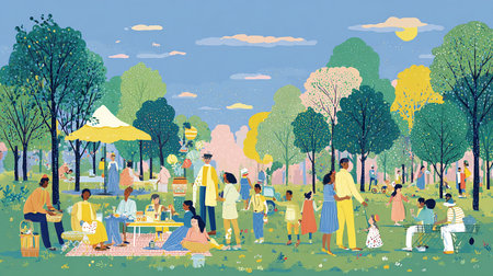 People gathering in the park. Picnic in the park. Vector illustration.の素材