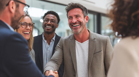 Portrait of smiling business people shaking hands during meeting in office.の素材