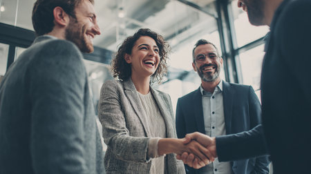 Business people shaking hands, finishing up a meeting. Business people shaking hands, finishing up a meeting.の素材