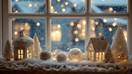 Christmas decoration on the windowsill with snow and bokeh backgroundの素材