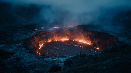 Kawah Ijen Volcano in East Java, Indonesia at nightの素材