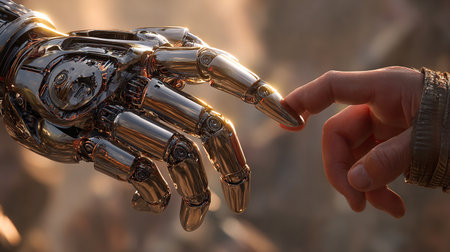 Robot hand touching a human finger. Concept of artificial intelligence.の素材