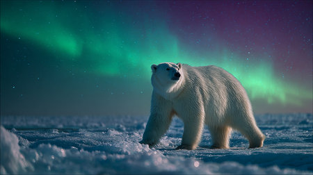Polar bear (Ursus maritimus) on the north pole at night.の素材