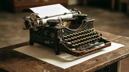Vintage typewriter on old wooden table. Photo in old color image styleの素材