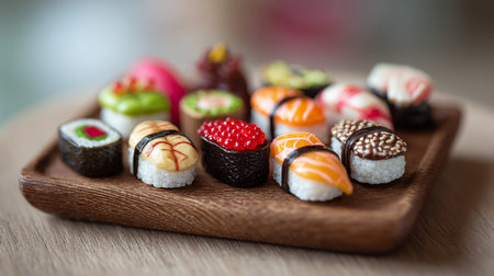 Sushi on a wooden plate. Selective focus, shallow depth of field.の素材