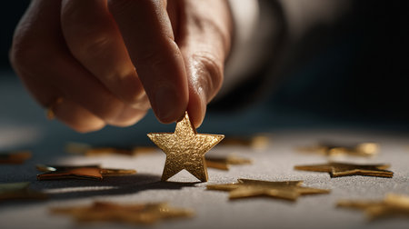 Close-up of a man's hand placing a golden star on a pile of golden starsの素材
