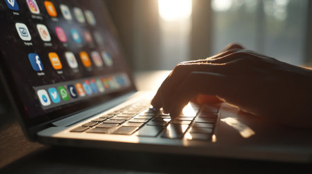 Close-up of woman's hands typing on laptop keyboard. Female hands typing on laptop keyboard.の素材