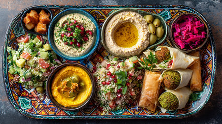 Traditional Middle Eastern appetizers with hummus, pita bread, chickpeas, falafel, pita bread, pickled cucumber, pomegranate, olives and hummusの素材