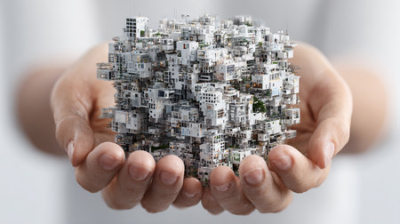 Conceptual image of modern city in human hands. Mixed mediaの素材