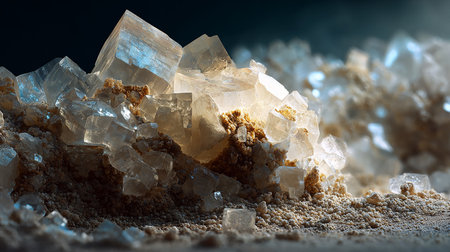 Close up of crystals of various shapes and sizes on the ground.の素材