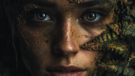 Close-up portrait of a beautiful girl with fern leaves on her faceの素材