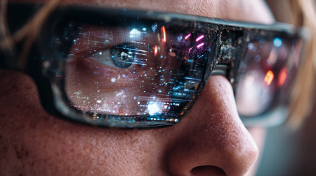 Close up of woman wearing augmented reality glasses. 3D rendering.の素材