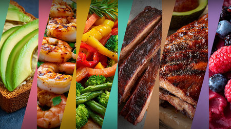 Collage of different delicious food with salmon, prawns, vegetables and fruitsの素材