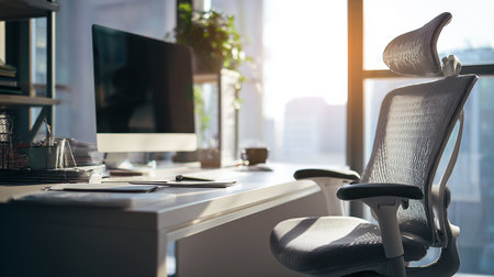 Office workplace with computer, chair, coffee cup and other items.の素材