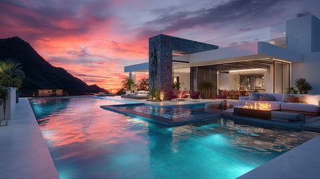 3d rendering of modern cozy house with pool and parking for sale or rent in luxurious style by the sea or ocean at sunset. Clear sky with glowing clouds.の素材