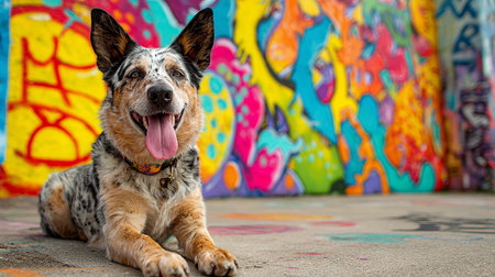 Portrait of a mixed breed dog with colorful graffiti wall background.の素材