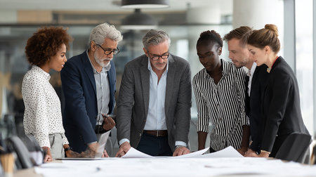 Group of diverse business people working together in modern office. Multiethnic business team brainstorming together at workplace. Teamwork conceptの素材