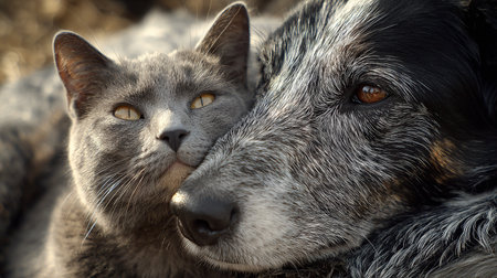 Cat and dog lying on the ground, close up. Conceptual image.の素材