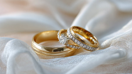 Wedding rings on a white satin background, closeupの素材
