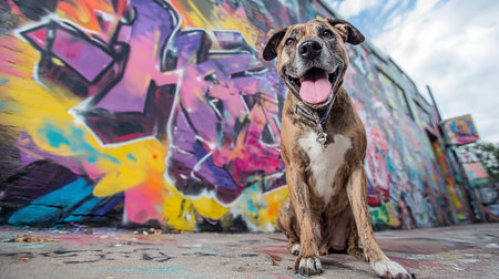 Portrait of a mixed breed dog with a graffiti wall in the backgroundの素材