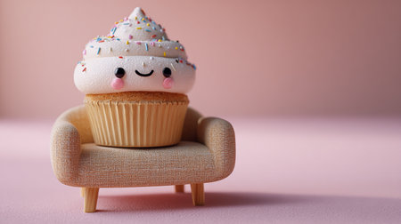 Cupcake with happy face on pink background, copy space.の素材