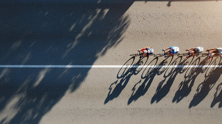 Cyclists on the road with shadows from trees. Top viewの素材